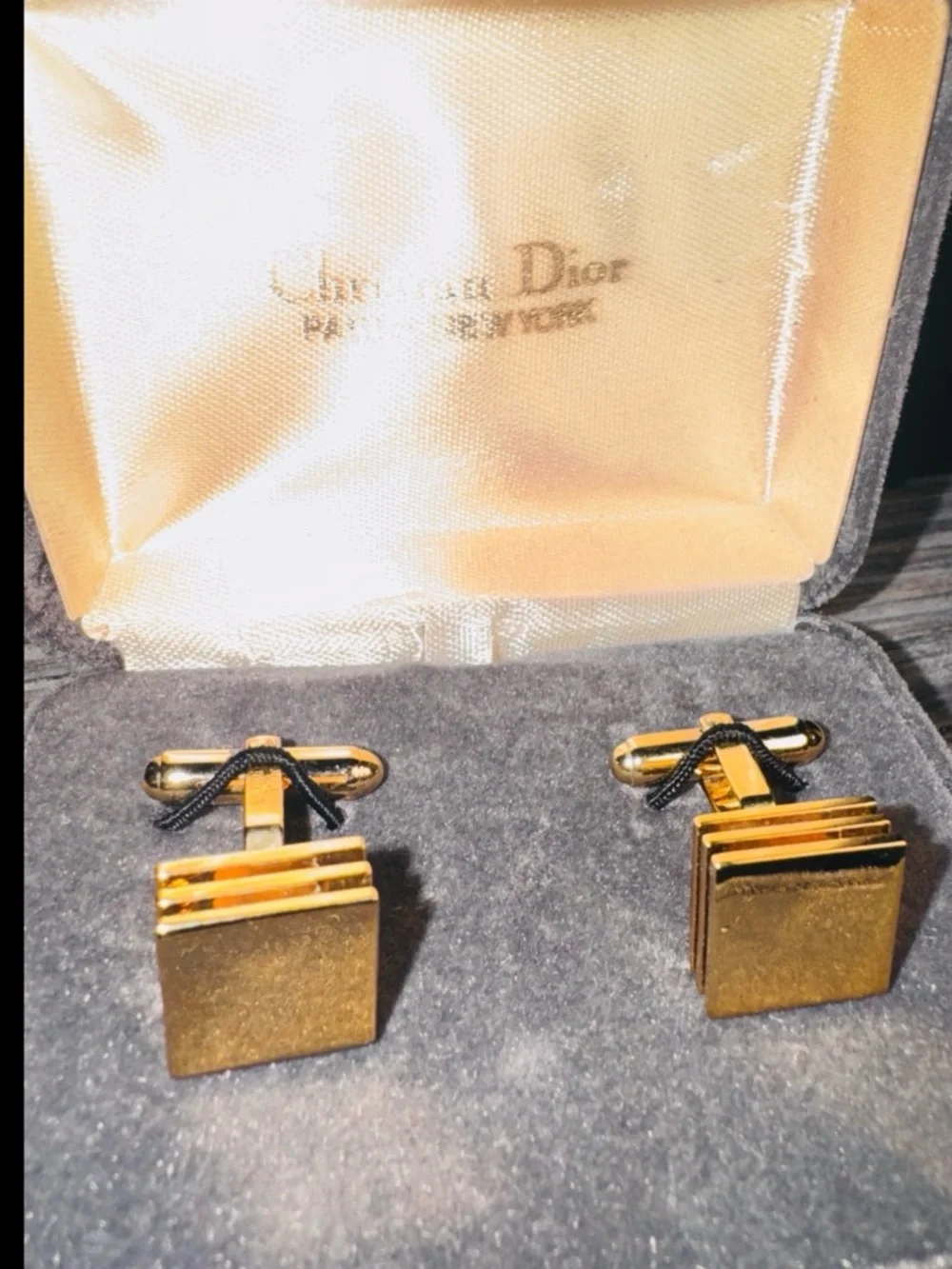 Vintage Christian Dior Gold Tone 3 Tiered Square Cufflinks w Original Box